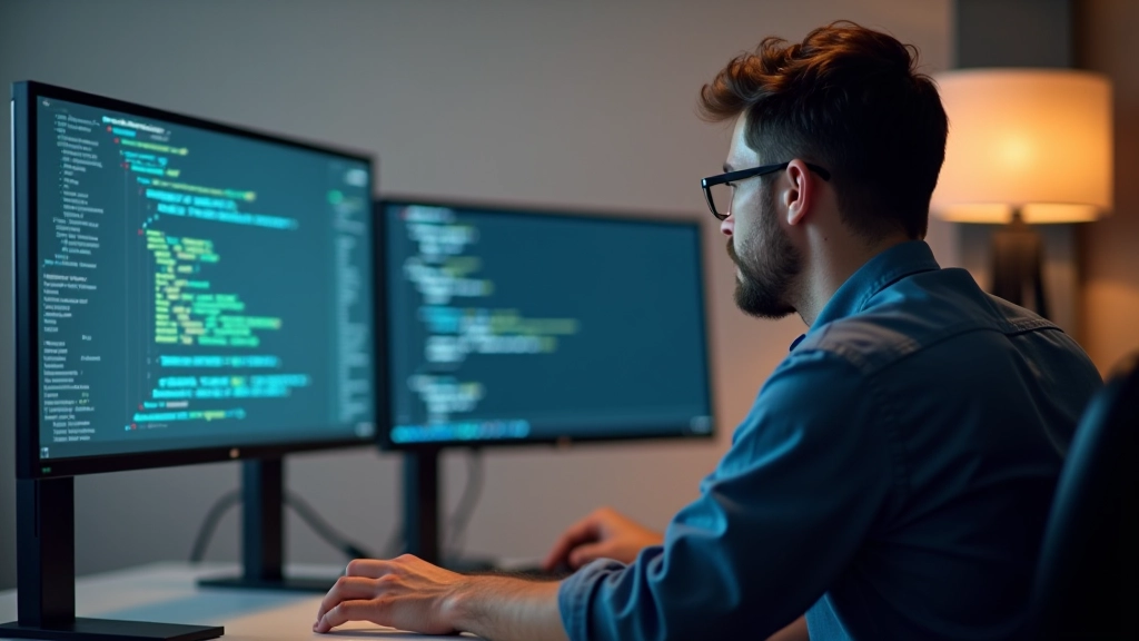 Profesionální monitor zobrazující kód JavaScriptu s event handlery, vývojářské prostředí, duální monitor