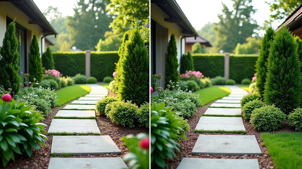 Zahrada — terénní úpravy, nové chodníky a květiny, před a po fotografie z stejného úhlu