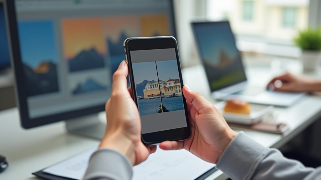 Mobilní telefon v ruce s posuvníkem, tablet vedle něj, desktop monitor v pozadí, různé velikosti obrazovek