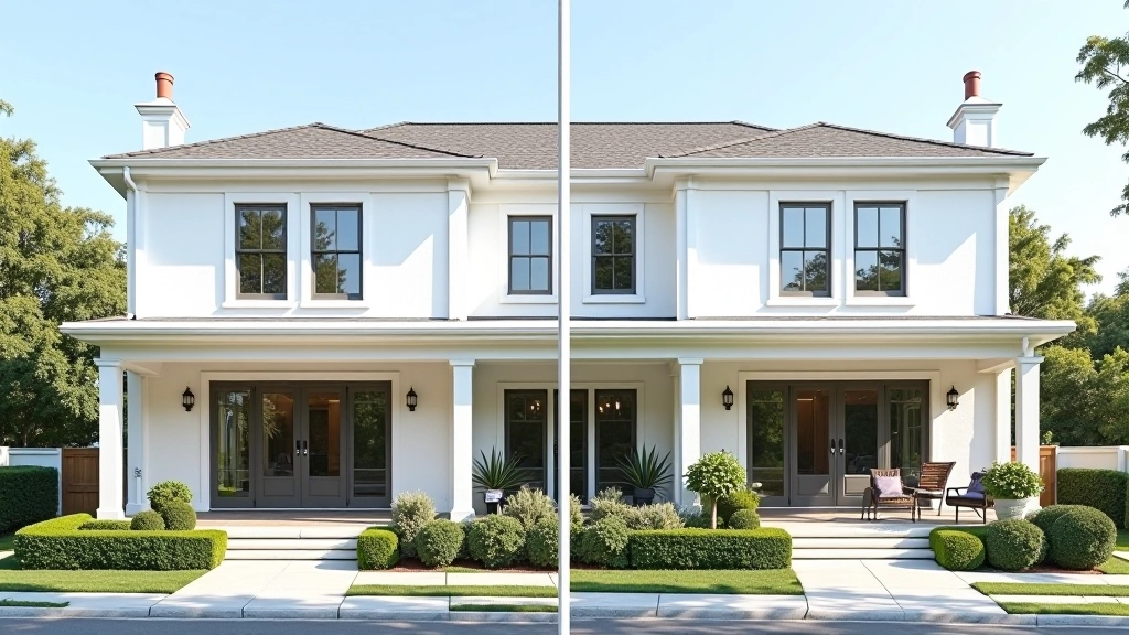 Fasáda domu — starý a zanedbávaný vzhled versus nová omítka a barva, čistý design