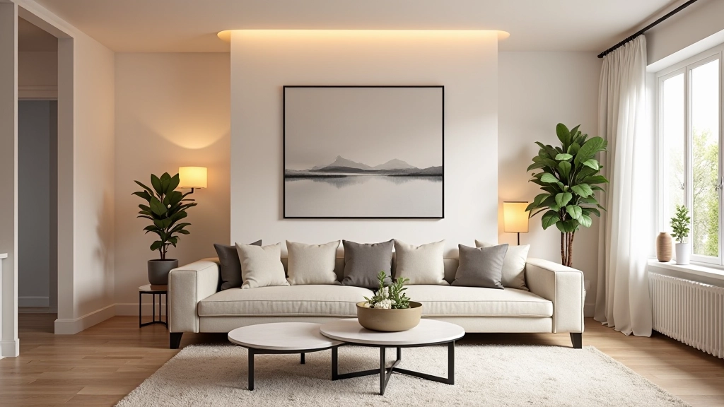 Moderní obývací pokoj po renovaci s novým nábytkem a osvětlením, profesionální fotografie interéru