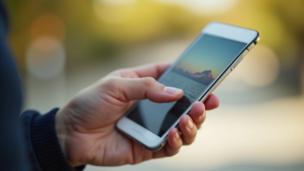 Telefon v ruce s aplikací, dotykové gesto tahem po obrazovce, mobilní perspektiva